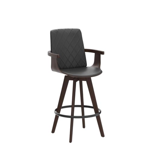 Set of 2 Upholstered Swivel Barstools with Wooden Arms and Legs, 26 Black Counter Height