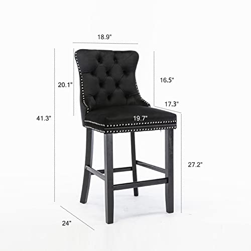 Modern Velvet Bar Stools Set of 4, 27 with Decorative Details for Kitchen, Cafe, Pub