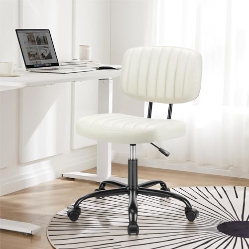 Armless Ergonomic Home Office Chair for Small Spaces - Adjustable Height, Swivel Wheels - Beige White