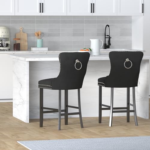 Modern Velvet Bar Stools Set of 4, 27 with Decorative Details for Kitchen, Cafe, Pub