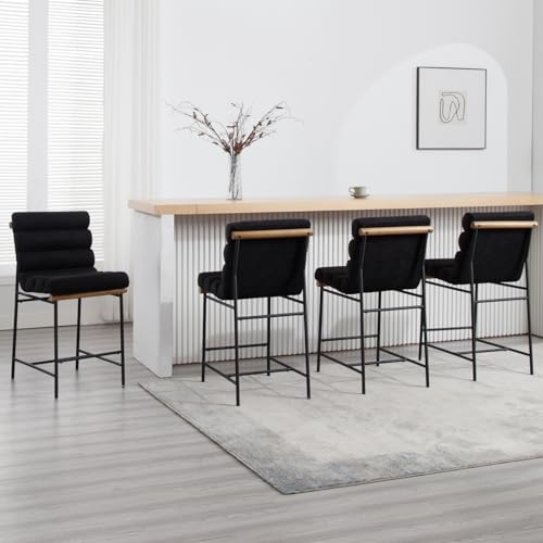 Set of 2 Modern Black Linen Counter Stools with Tufted Back&Cushion, 25 Seat Height
