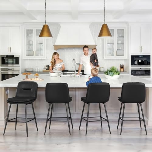 3 Black Leather Bar Stools with Back & Footrest, 24 Inch High, for Kitchen Island