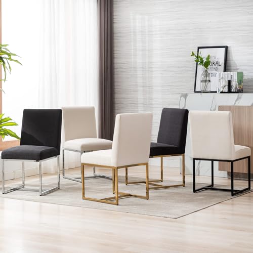 Modern Dining Chairs Set of 4 - Cream Linen Fabric, Black Metal Frame