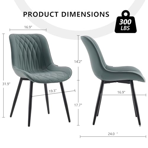 Modern High Back Dining Chairs Set of 2 in Greyish Green Faux Leather with Metal Legs