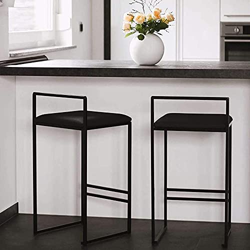 Counter Height Bar Stools Set of 2 with Footrest & Back, Velvet Upholstered - Black Metal Base - Kitchen Breakfast Pub Home Dining - 26 Height (Black)