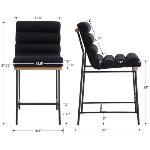 Set of 2 Modern Black Linen Counter Stools with Tufted Back&Cushion, 25 Seat Height