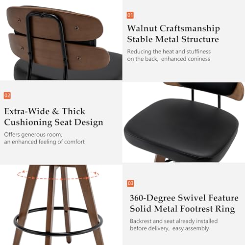 Modern Swivel Bar Stools - Set of 2, Upholstered Faux Leather, Ideal for Kitchen/Counter/Bar/Island (Walnut Black)