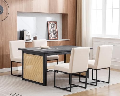 Modern Dining Chairs Set of 4 - Cream Linen Fabric, Black Metal Frame