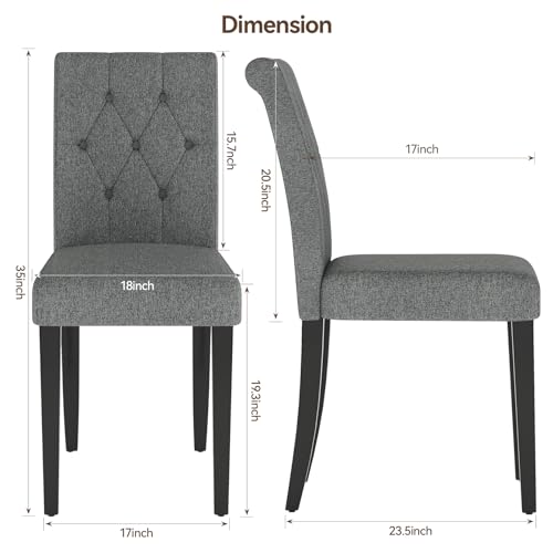 4 Grey Upholstered Dining Chairs with Solid Wood Legs - Modern Fabric Side Chairs