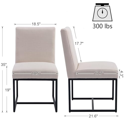 Modern Dining Chairs Set of 4 - Cream Linen Fabric, Black Metal Frame