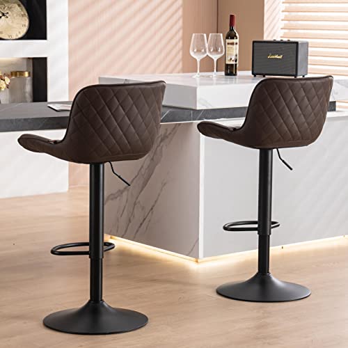 Modern Brown Swivel Bar Stools with Back, Kitchen Island Set of 2 - Adjustable Height