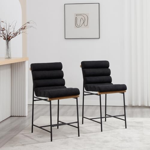 Set of 2 Modern Black Linen Counter Stools with Tufted Back&Cushion, 25 Seat Height