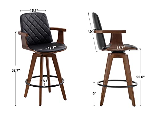 Set of 2 Upholstered Swivel Barstools with Wooden Arms and Legs, 26 Black Counter Height