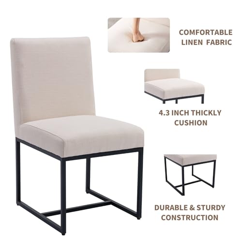 Modern Dining Chairs Set of 4 - Cream Linen Fabric, Black Metal Frame