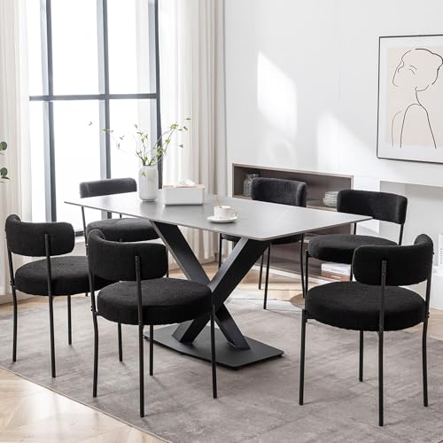 Set of 4 Black Boucle Upholstered Dining Chairs with Metal Legs for Modern Dining Room or Kitchen