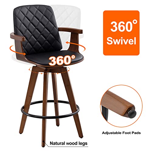 Set of 2 Upholstered Swivel Barstools with Wooden Arms and Legs, 26 Black Counter Height