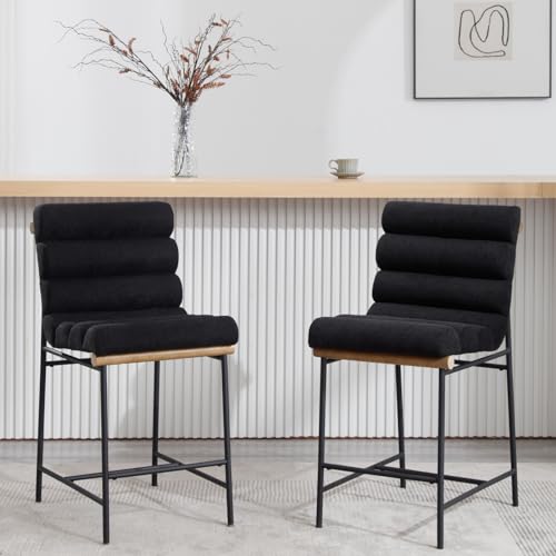 Set of 2 Modern Black Linen Counter Stools with Tufted Back&Cushion, 25 Seat Height