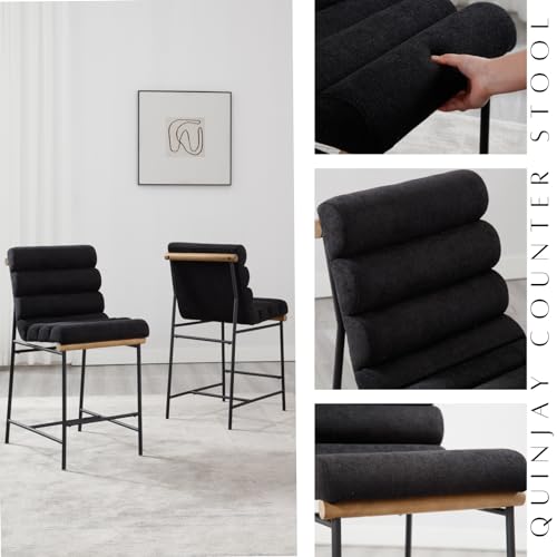 Set of 2 Modern Black Linen Counter Stools with Tufted Back&Cushion, 25 Seat Height