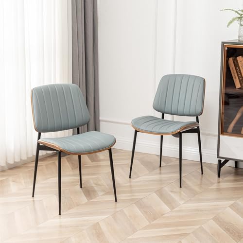 Set of 2 Mid Century Modern Blue Faux Leather Dining Chairs