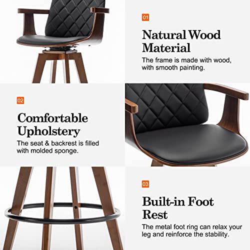 Set of 2 Upholstered Swivel Barstools with Wooden Arms and Legs, 26 Black Counter Height