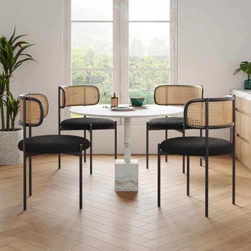 Modern Rattan Back Dining Chairs Set of 4 for Kitchen and Dining Room, Black