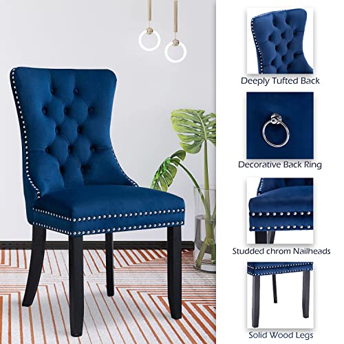Velvet Dining Chairs Set of 2, Modern Upholstered Tall Back Chairs with Button Back Ring (Blue)