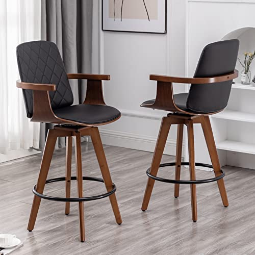 Set of 2 Upholstered Swivel Barstools with Wooden Arms and Legs, 26 Black Counter Height