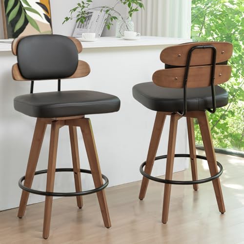 Walnut Black Faux Leather Swivel Bar Stools, Set of 2