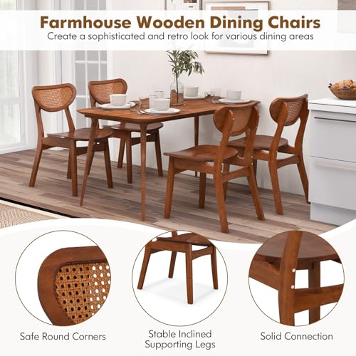 4 Piece Wooden Dining Chair Set with Cane Backrest & Rattan Accent