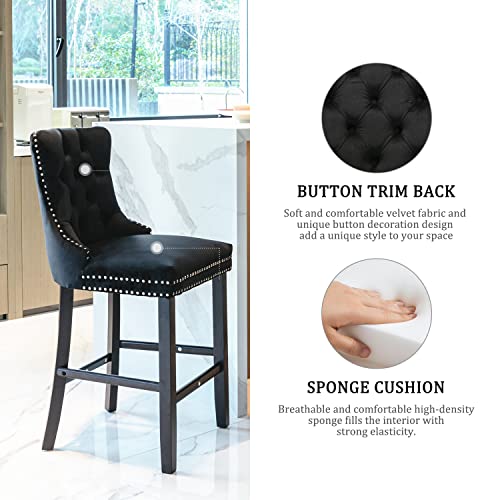 Modern Velvet Bar Stools Set of 4, 27 with Decorative Details for Kitchen, Cafe, Pub